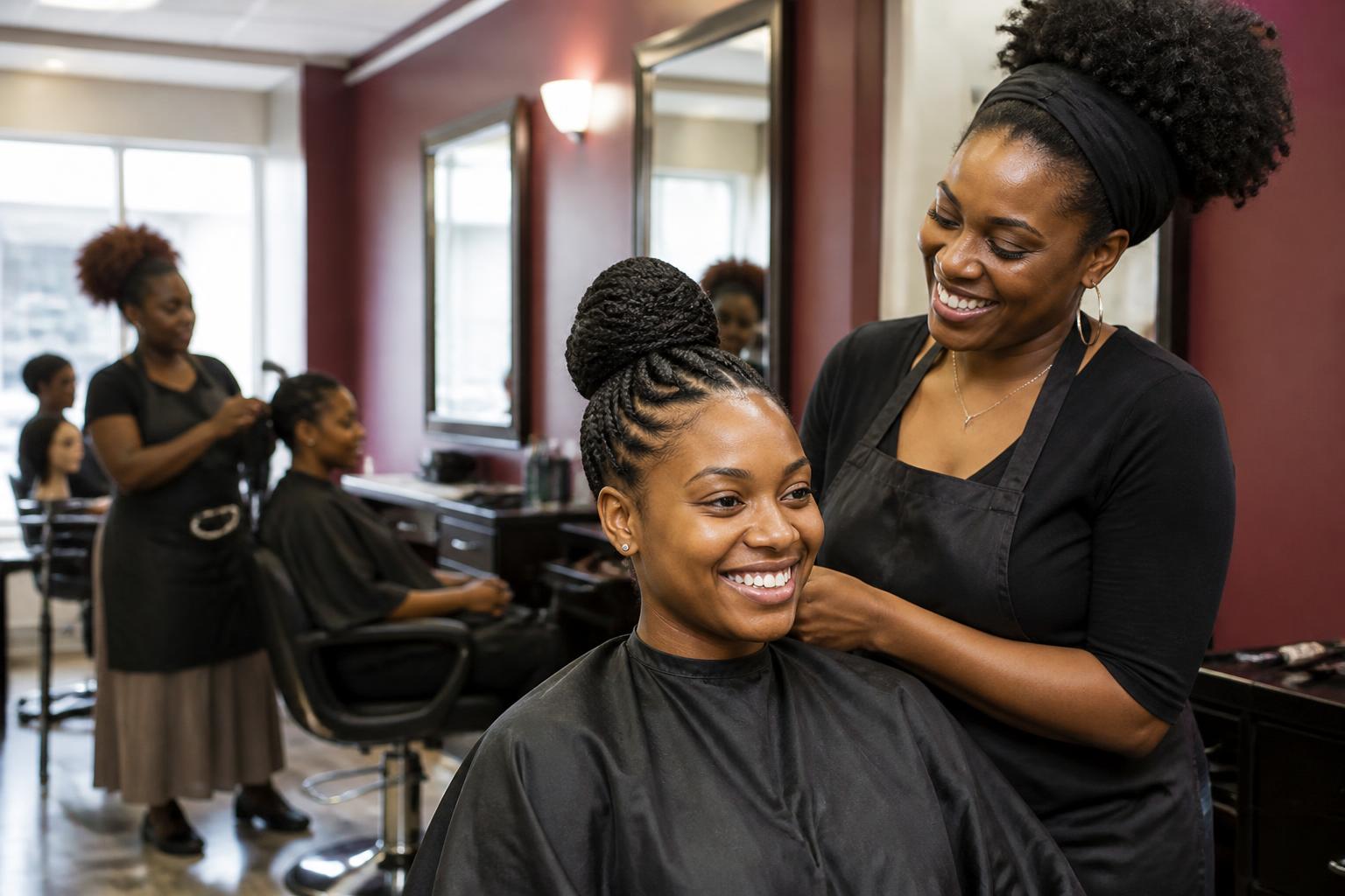 Natural hair stylist and client smiling together in a salon classroom