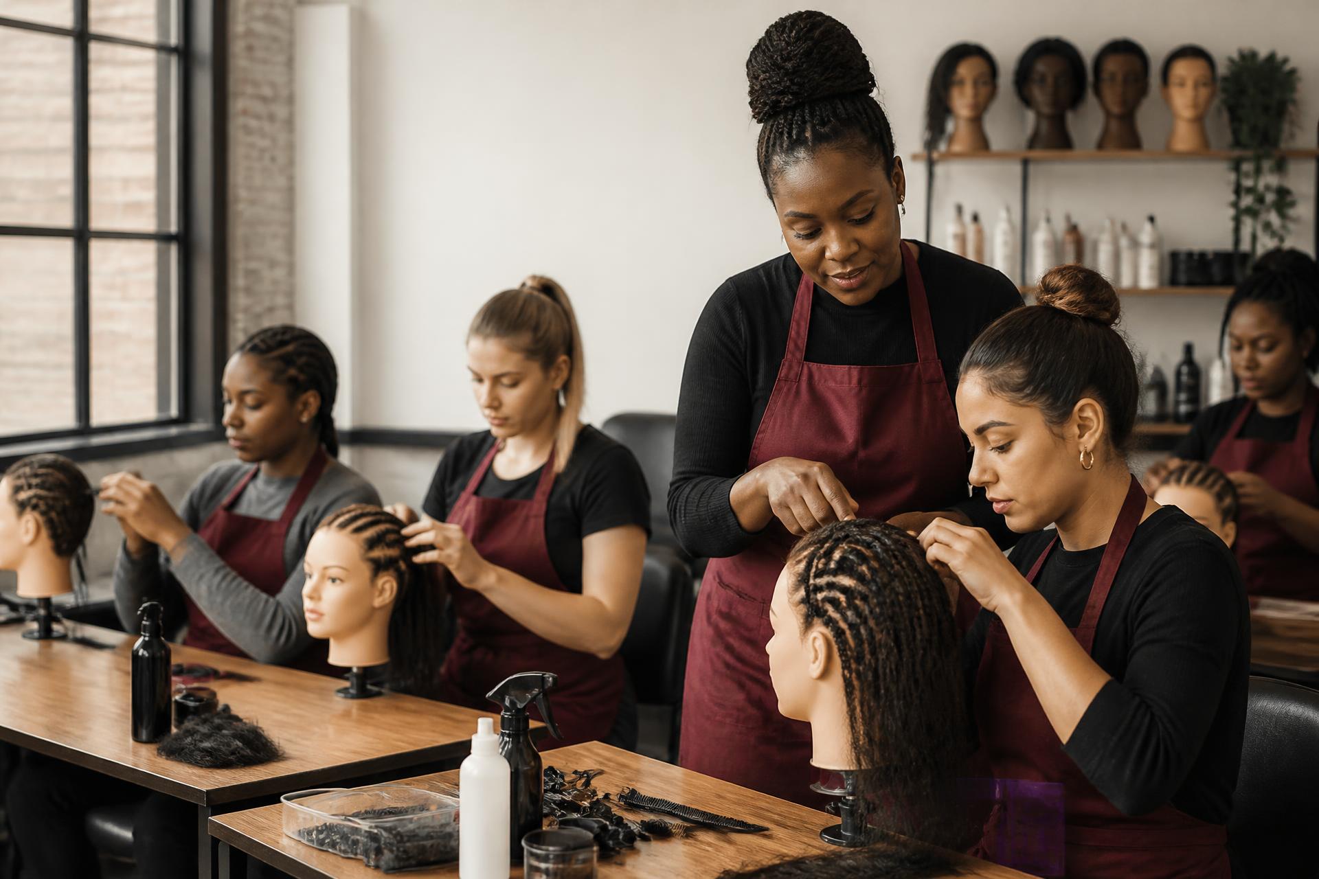 Instructor guiding students through braiding practice in a natural hair classroom