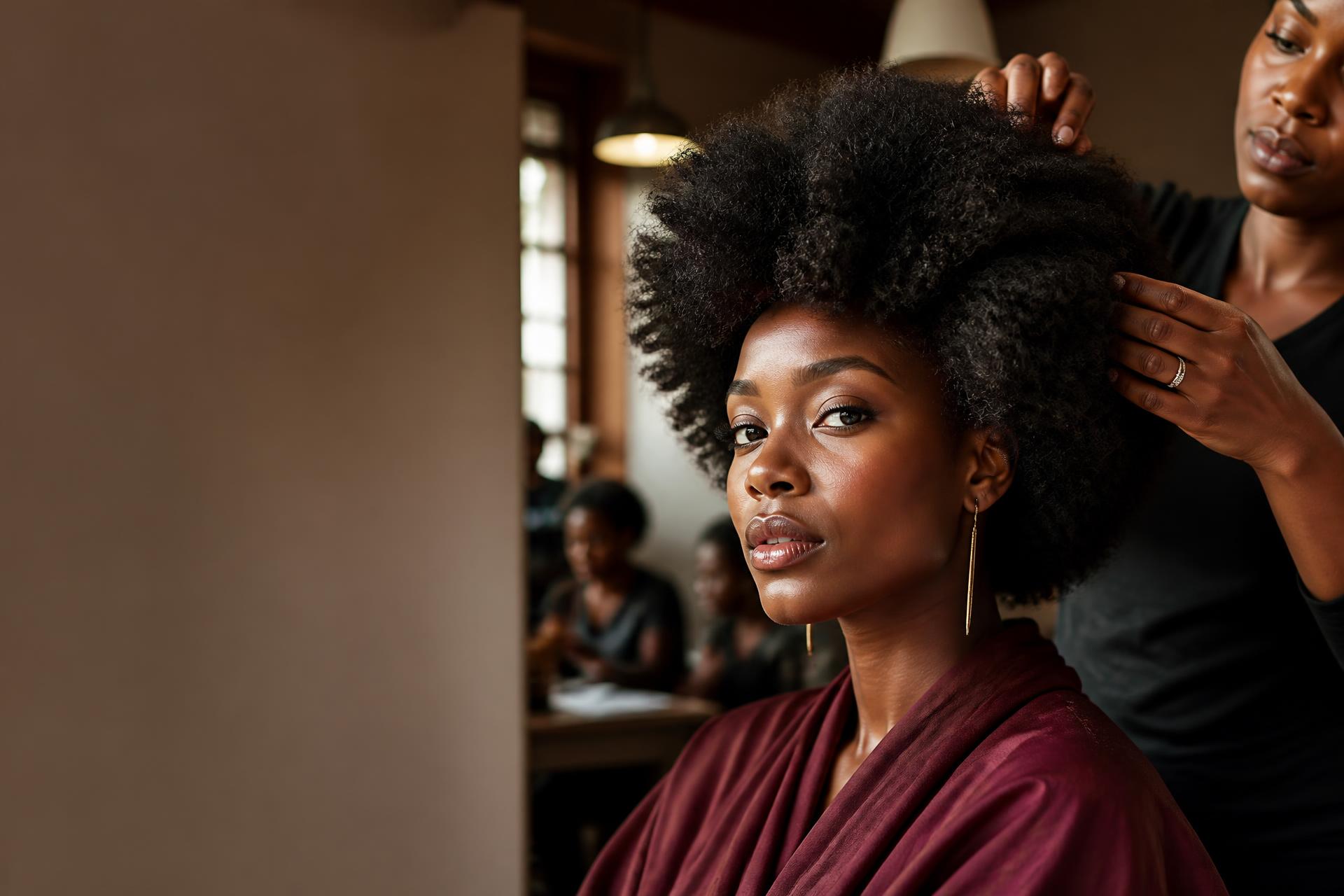 Natural hair stylist shaping a client's afro in a salon classroom