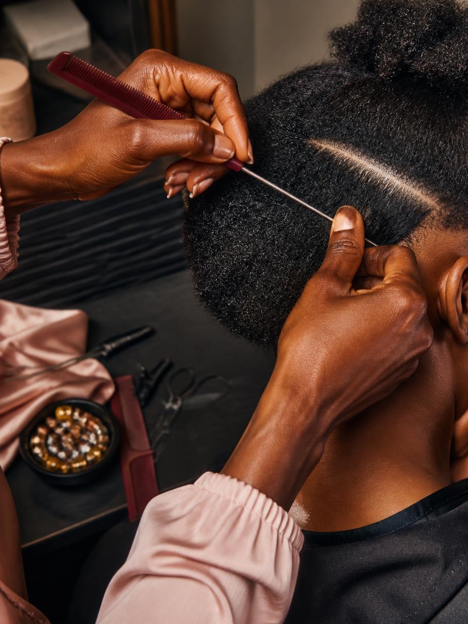 Stylist carefully sectioning natural hair during practical training
